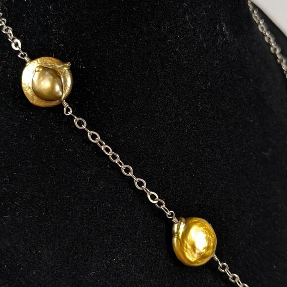 Sterling Silver 925 Y-Drop Real Freshwater Coin Pearl Golden Yellow Necklace - Picture 4 of 6